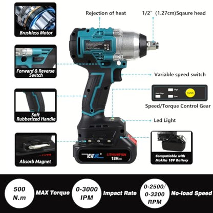 NEWONE 20v Brushless Crodless Impact Wrench, 370 Ft-lbs (500N.m) Impact Gun 1/2 inch with 1pcs 4.0AH Battery,6pcs Drill/Driver Bits,4 Sockets,Charger - color: Blue and Black