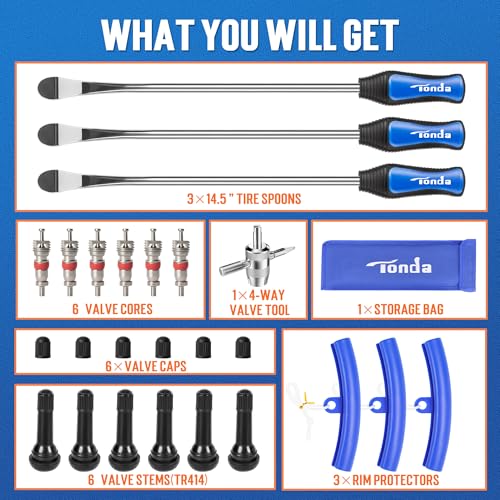 TONDA Tire Spoons, Tire Changing Kit for Motorcycle Dirt Bike Lawn Mower Tractor, Tire Removal Tool Set with Rim Protectors, Valve Tool, Valve Cores, Valve Caps, Valve Stems, Storage Bag