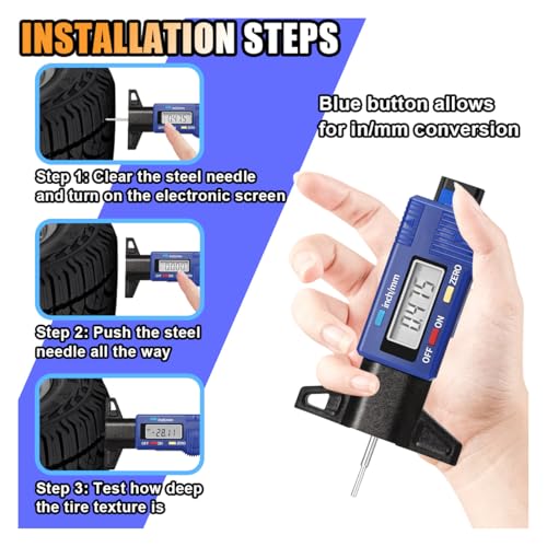 LCD Display Tire Tread Depth Gauge, Car Tire Digital Measuring Gauge Tool with Inch MM Conversion, Tire Wear Gauge Tread Checker for Motorcycle, Truck, Car, SUV, Not Include Battery