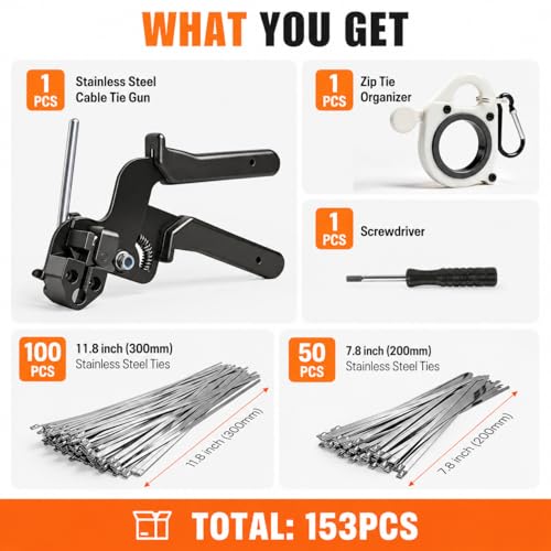 153PCS Stainless Steel Cable Tie Gun Kit with Heavy Duty Metal Zip Ties (100PCS 11.8"+ 50PCS 7.8") with Zip Tie Organizer & Release Tool for Chain Link Fence, Exhaust Pipe, Outdoor & Industrial
