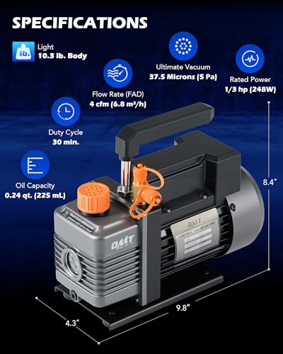 Orion Motor Tech AC Vacuum Pump and Gauge Set, 1/3 hp 4 cfm Vacuum Pump Manifold Gauge Kit with Leak Detector 3 Hoses & Accessories for R134a R12 R22 R502, A/C Vacuum Pump Kit for Auto HVAC Systems - size: 4.0 CFM & 3 Way