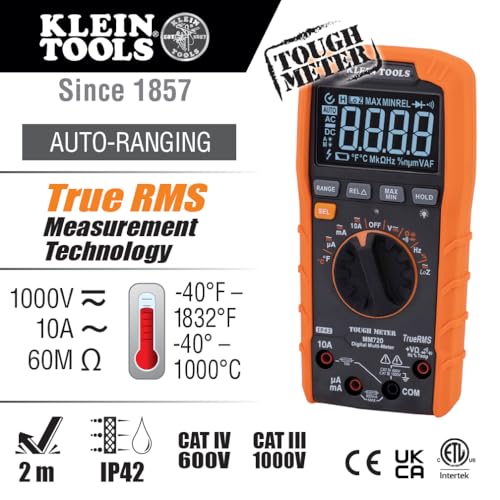 Klein Tools MM720 Digital Multimeter, Auto-Ranging TRMS, Low Impedance (LoZ), 1000V AC/DC Voltage, 10A AC/DC Current, 60 MOhms Resistance
