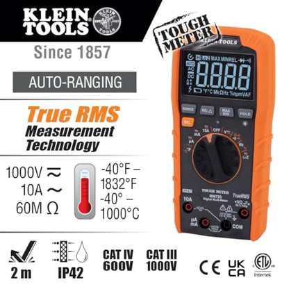 Klein Tools MM720 Digital Multimeter, Auto-Ranging TRMS, Low Impedance (LoZ), 1000V AC/DC Voltage, 10A AC/DC Current, 60 MOhms Resistance