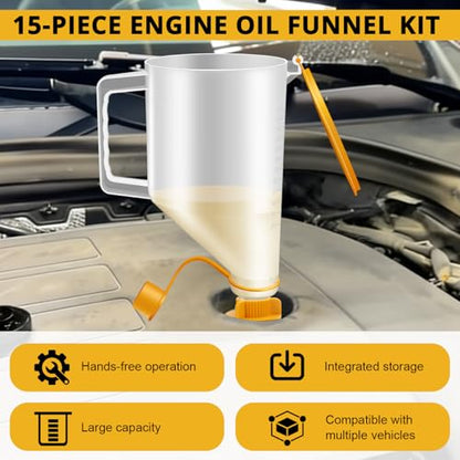 YSTOOL Automotive Engine Oil Filling Funnel Kit 15PCS No Spill Fluid Change Tool Set with 1.5QT Funnel and 14PCS Dedicated & Universal Adapters Fits Chrysler GM Toyota Ford VAG Jeep Dodge etc.