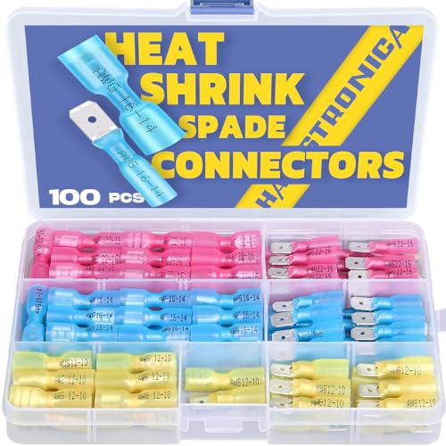 haisstronica 100pcs Heat Shrink Spade Connectors,AWG 22-10 Quick Disconnect Wire Connectors-Female and Male Spade terminals for Watercraft,Electronics,Automotive Crimp Connectors - size: AWG 22-10, style: Male&Female Kit 100PCS