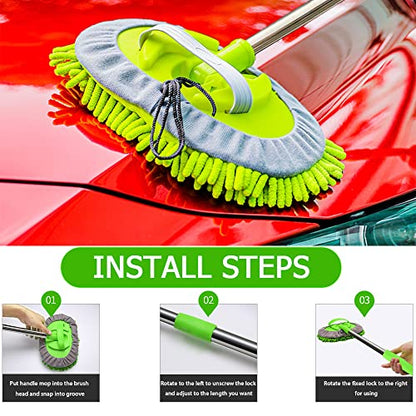 WillingHeart 47.5" Car Wash Brush Mop Cleaning Tool with Long Handle Kit for Washing Detailing Cars Truck, SUV, RV, Trailer, Boat 2 in 1 Chenille Microfiber Sponge Duster Not Hurt Paint Scratch Free - color: Green