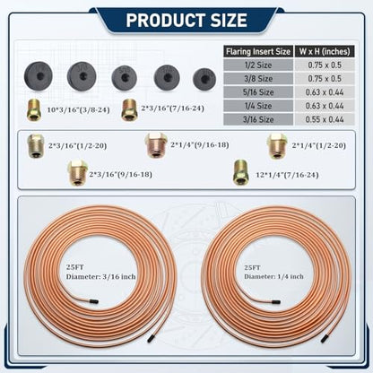 Brake Line Flaring Tool Kit,Complete Brake Line Kit with Tubing (25Ft 3/16" + 25Ft 1/4"),Double & Single Flare Tool,Portable Brakes Lines Repair Kits for Most Hydraulic Systems