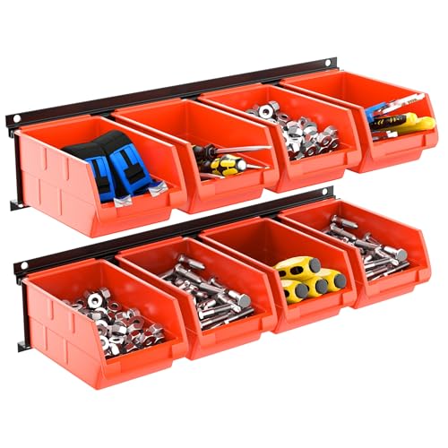 TORACK Wall-Mounted Storage Bins - 8 Plastic Bins & 2 Metal Tracks for Tools Organization in Garage, Craft Room, and Shop(Orange) - color: Orange