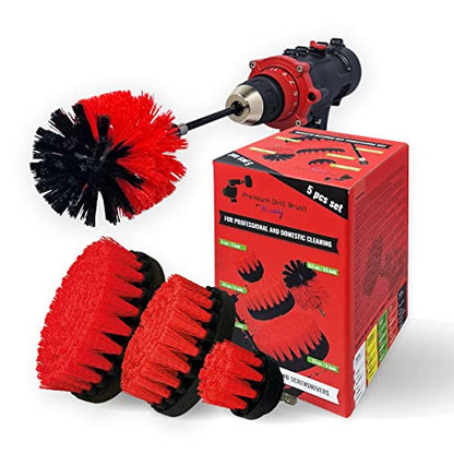 Premium Drill Brush Professional – Stiff 5-Piece Set (5/4/3.5/2 in Brushes + 6 in Extension) | Scratch-Free Heavy-Duty Outdoor Cleaning for Patio, Decking, Garden Tools and Stone Surfaces - color: Red