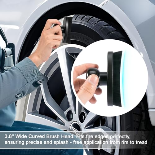 Yoseng Tire Shine Brush - Curved Brush Head & Large 3.8'' Tire Dressing Applicator with Storage Stand for Automotive Detailing, Car Enthusiasts, DIY Users (Vegan, Washable, Black) - color: Black