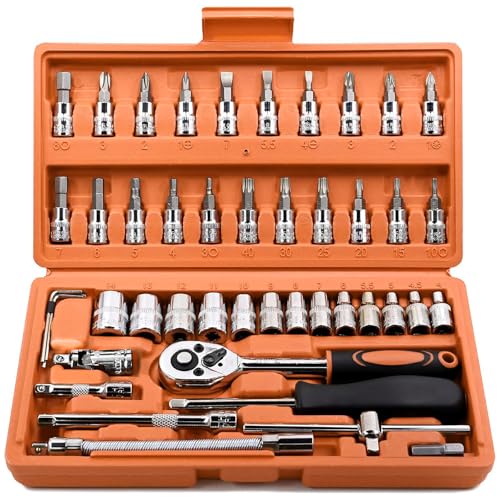 Egofine 46 Pieces 1/4 inch Drive Socket Ratchet Wrench Set, with Bit Socket Set Metric and Extension Bar for Auto Repairing and Household, with Orange Storage Case - style: 1/4" 46 PCS-Orange