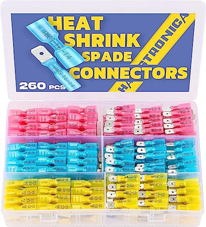 Haisstronica 260PCS Heat Shrink Spade Connectors - Quick Disconnect Female & Male Spade Terminals for Watercraft, Electronics & Automotive - size: AWG 22-10, style: Male&Female Kit 260PCS