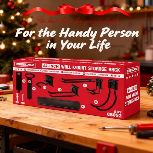 SEDY 64" Heavy Duty Garage Storage Tool Organizer Wall Mount - Tool Rack with Adjustable Hooks, Anti-Rust, 300lbs Capacity - Easy Installation (4 Racks, 10 Hooks, 3 Straps) - style: 64" Garage Wall Organizer (4 Panels, 10 Hooks, 3 Straps)