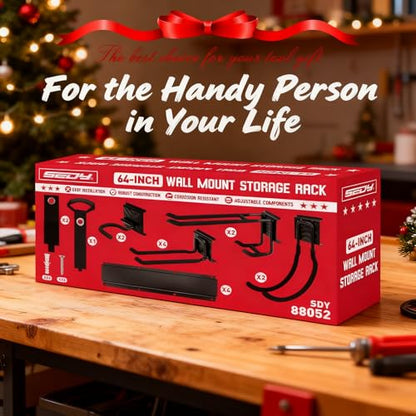 SEDY 64" Heavy Duty Garage Storage Tool Organizer Wall Mount - Tool Rack with Adjustable Hooks, Anti-Rust, 300lbs Capacity - Easy Installation (4 Racks, 10 Hooks, 3 Straps) - style: 64" Garage Wall Organizer (4 Panels, 10 Hooks, 3 Straps)