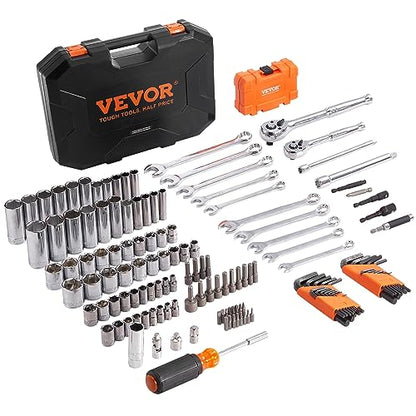 VEVOR Mechanics Tool Set and Socket Set, 1/4" and 3/8" Drive Deep and Standard Sockets, 145 Pcs SAE and Metric Mechanic Tool Kit with Bits, Combination Wrench, Hex Wrenches, Accessories, Storage Case - size: 1/4"&3/8", style: NEW 145 PC
