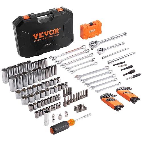 VEVOR Mechanics Tool Set and Socket Set, 1/4" and 3/8" Drive Deep and Standard Sockets, 145 Pcs SAE and Metric Mechanic Tool Kit with Bits, Combination Wrench, Hex Wrenches, Accessories, Storage Case - size: 1/4"&3/8", style: NEW 145 PC