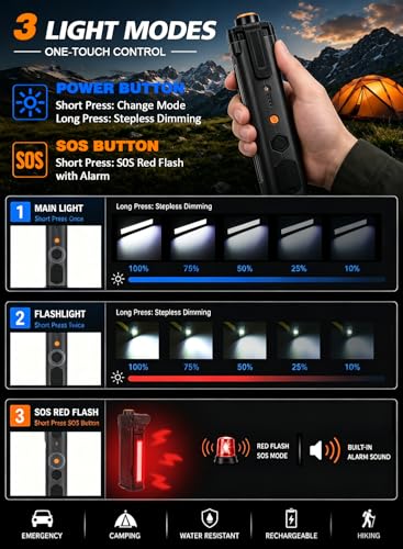 Rechargeable LED Work Light, 5000mAh Magnetic Flashlight with Stepless Dimming, SOS Red Strobe & Loud Alarm, Rotatable & Foldable Mechanic Light for Car Repair, Camping & Emergency (1 Pack Black) - color: Black