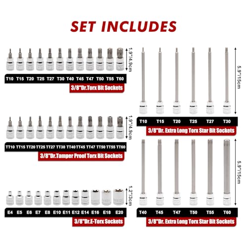 CASOMAN 48-Piece 3/8" Drive Master Torx Bit Socket and External Torx Socket Set, 6-Inch Extra Long, CR-V & S2 Steel - size: 152mm | 48-piece Set