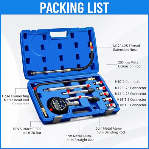 LCD Digital Compression Tester for Automobile, 250PSI Digital Compression Tester, Adapter kit for Automotive Engine Compression Tester, Engine Cylinder Compression Tester kit (Digital)