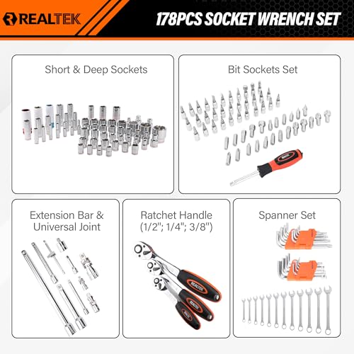 REALTEK 178 Pieces Socket Wrench Set 1/4"3/8"1/2",CR-V Metric Wrench Set with Extension Bar,Quick-Release Ratchet Wrench with Bit Socket Set for Auto Repairing,Household and Workshop,Durable Tool Box - size: 178 Pieces 1/4"3/8"1/2" Drive Socket Set
