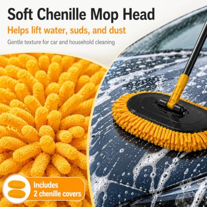 Extension Pole Car Wash Mop with Long Handle, Microfiber Car Wash Brush | Telescopic long-reach mop, 49 in reach, 15° angled head, reaches roofs scratch-free, wet or dry, cars, SUVs, RVs & boats