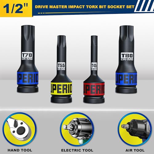 10 Piece 1/2" Drive Impact Torx Bit Socket Set, T25 - T80, Impact Star Bit Socket Set, CR-MO Steel, Automotive Machinery Repair Bicycle Servicing and Furniture Assembly - size: 1/2” Torx