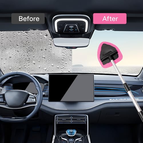 Qydipclin 7pcs Windshield Cleaner Tool Car Window Cleaning Wash Kit with 4 Reusable Microfiber Pads 1 Spray Bottle and Extendable Handle Auto Glass Wiper Kit, Pink - color: Pink