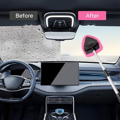 Qydipclin 10pcs Windshield Cleaning Tool Inside Car Window Cleaner Wash Kit with 4 Reusable Microfiber Pads 1 Spray Bottle and Extendable Handle Interior Auto Glass Wiper Kit, Pink - color: Pink