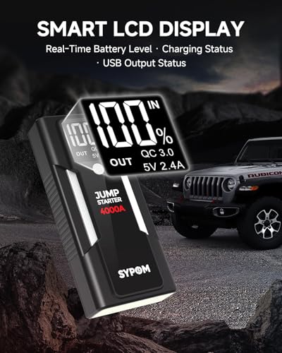 Portable Jump Starter, 4000A Peak Car Battery Charger, 12V Jump Box for Truck up to 10L Diesel, Motorcycle, Dual USB, LED Light, Great Battery Jumper for Road Side Emergency Kit for Car