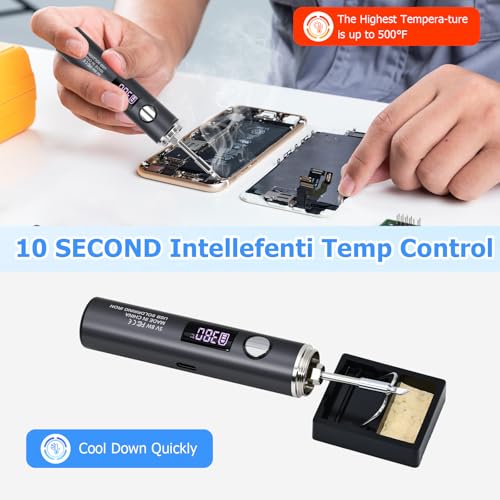 Cordless Soldering Iron, 10-Piece Kit 1400mAh Rechargeable Soldering Iron, 7 Seconds Fast Heating 500°F-788℉, Adjustable Temperature with LED Light for Electric Repairs & DIY Projects
