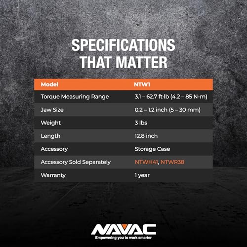 NAVAC NTW1 Digital Torque Wrench - Adjustable Jaw - Digital Readout - Torque Settings Memory - Dual Direction - Selectable Measuring Units - Indicator Lights and Sound - 1 Year Warranty