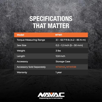 NAVAC NTW1 Digital Torque Wrench - Adjustable Jaw - Digital Readout - Torque Settings Memory - Dual Direction - Selectable Measuring Units - Indicator Lights and Sound - 1 Year Warranty