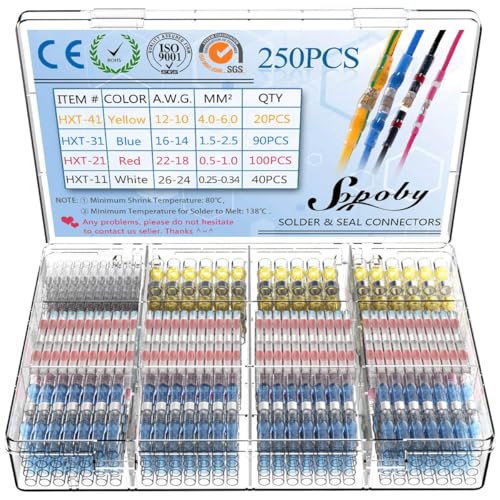 Sopoby 250PCS Solder Seal Wire Connectors Insulated Waterproof Electrical Wire Terminals Heat Shrink Solder Butt Connectors Kit for Automotive Marine - size: 250PCS