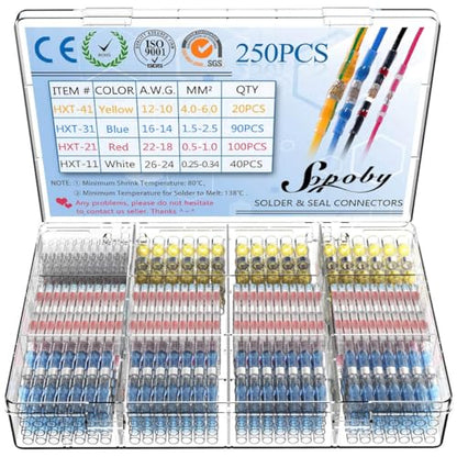 Sopoby 250PCS Solder Seal Wire Connectors Insulated Waterproof Electrical Wire Terminals Heat Shrink Solder Butt Connectors Kit for Automotive Marine - size: 250PCS