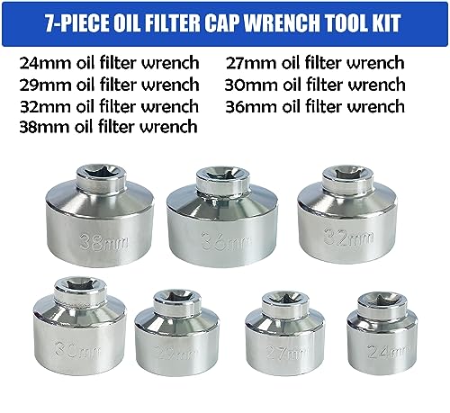7 Pcs Oil Filter Wrench Socket Set, 3/8 inch Drive Low Profile Oil Canister Socket Set, Universal Oil Filter Cap Socket Remover Tool 24-38mm