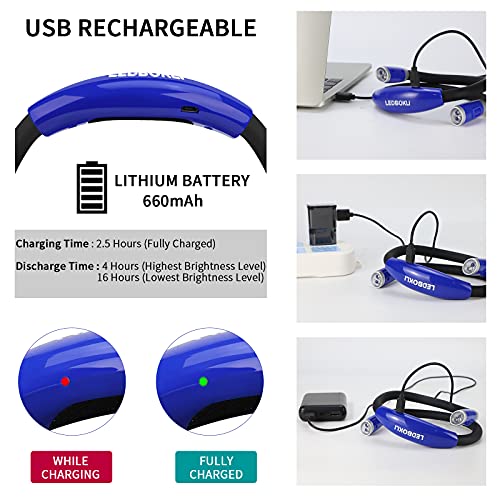 LEDBOLIK Neck Reading Light Blue, 660mAh Rechargeable Book Light for Reading in Bed – 6 Brightness, Bendable Arms, Hands Free for Knitting, Crocheting - color: 660mAh Blue