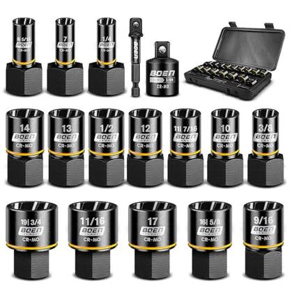 BOEN Impact Bolt Extractor Kit 3/8 Inch Drive, 17-Piece Easy Out Nut and Bolt Extractor Set For Damaged, Frozen, Studs, Rusted, Rounded Bolts, Include Impact Reducer and Drill Bit Adapter, Cr-Mo Steel