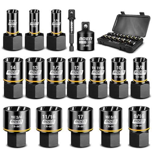 BOEN Impact Bolt Extractor Kit 3/8 Inch Drive, 17-Piece Easy Out Nut and Bolt Extractor Set For Damaged, Frozen, Studs, Rusted, Rounded Bolts, Include Impact Reducer and Drill Bit Adapter, Cr-Mo Steel