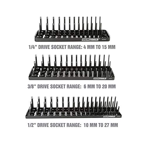 OEMTOOLS 22337 3-Post SAE And Metric Socket Tray Set, 6 Piece, Deep, Shallow, And Impact 3 Row Socket Organizer for Tool Box Drawer, 1/4, 3/8 and 1/2 Inch Drive, SAE And Metric, Black, Green - size: 6 Piece SAE and Metric