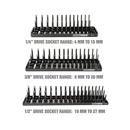 OEMTOOLS 22337 3-Post SAE And Metric Socket Tray Set, 6 Piece, Deep, Shallow, And Impact 3 Row Socket Organizer for Tool Box Drawer, 1/4, 3/8 and 1/2 Inch Drive, SAE And Metric, Black, Green - size: 6 Piece SAE and Metric