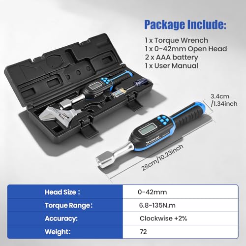 Wisscool Adjustable Digital Torque Wrench, 5-99.6 ft.lb/6.8-135 N.m | Hvac Torque Wrench with 42mm Jaw, ±2% Accuracy, Vibration, Buzzer and LED Indicator for Split AC, Moto, Car - size: 42mm Jaw/5-99.6 ft.lb