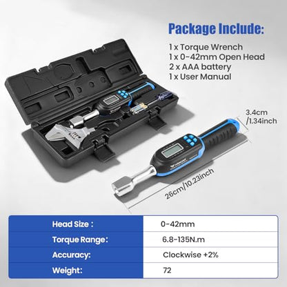 Wisscool Adjustable Digital Torque Wrench, 5-99.6 ft.lb/6.8-135 N.m | Hvac Torque Wrench with 42mm Jaw, ±2% Accuracy, Vibration, Buzzer and LED Indicator for Split AC, Moto, Car - size: 42mm Jaw/5-99.6 ft.lb