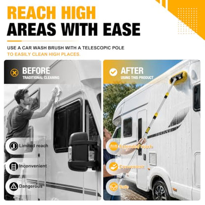 LAANPOLE 12FT Car Wash Brush with Long Handle, Car Cleaning Brush with 12 Inch Soft Bristle and Soap Dispenser, Solar Panels Cleaner with Telescoping Pole for RV, Truck, Boat, House Siding, Yellow - color: Yellow