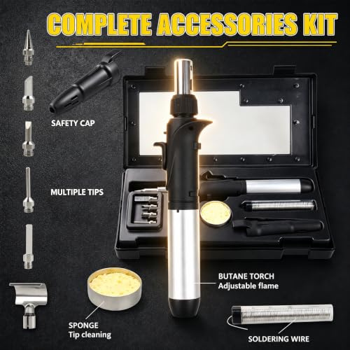 Butane Soldering Iron Kit Self-Ignite Adjustable Flame Temperature Max 2372℉,Cordless Soldering Heat Gun with 6 Tip,Butane Torch Portable Gas Soldering Iron,for Electrical Maintenance and DIY