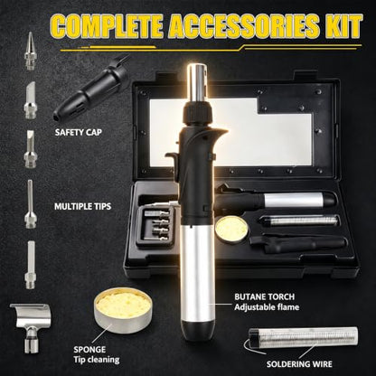 Butane Soldering Iron Kit Self-Ignite Adjustable Flame Temperature Max 2372℉,Cordless Soldering Heat Gun with 6 Tip,Butane Torch Portable Gas Soldering Iron,for Electrical Maintenance and DIY