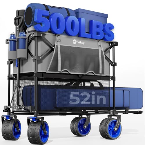 Sekey 500LBS Heavy Duty Double Decker Wagon with Extender, 400L Large Capacity Collapsible Garden Cart Fits 10x10 Canopy, All-Terrain Big Wheels with Brakes, Foldable Utility Wagon for Sports, Camping - color: Gray