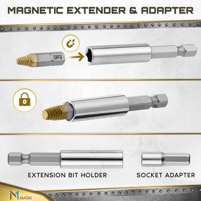 Titanium Screw Extractor Set for Stripped, Broken, Damaged Screws - 22 pc, Silver & Gold - Remover Kit with Drill Bits, Extractors, Bit Extension & Socket Adapter - color: Gold & Silver