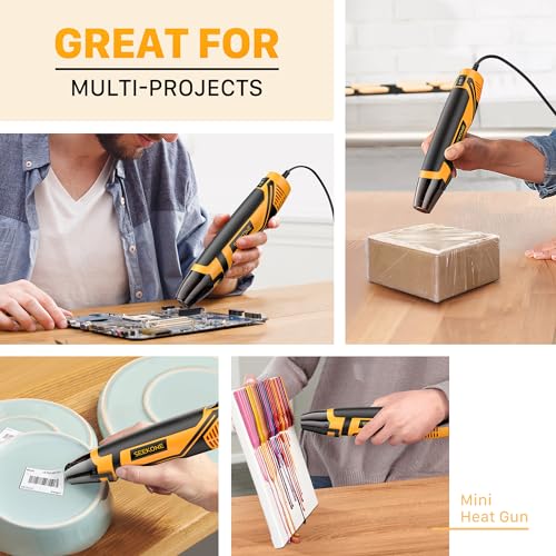 SEEKONE Mini Heat Gun, 350W 2-Temp Settings 500℉ & 842℉（260℃& 450℃） Fast Heat Hot Air Gun Tool with Reflector Nozzle and 4.9Ft Long Cable Overload Protection for Crafting, Vinyl Wrap and Shrink Tubing - color: Yellow