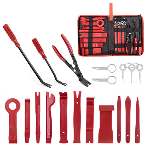 GOOACC 19Pcs Trim Removal Tool Set with Storage Bag | Fastener Clip Removers Auto Plastic Trim Tools Upholstery Pliers & Terminal Tools for Car Panels Audio Systems Red - color: Red