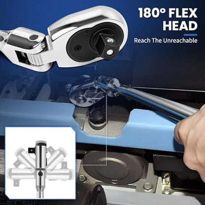 6-Piece Flex Head Ratchet Set, 1/4 3/8 1/2 Inch Drive, 72-Tooth 180° Swivel Head with Quick-Release, Includes Extension Bar & EVA Storage Case for Auto & DIY Repairs - color: 6pcs